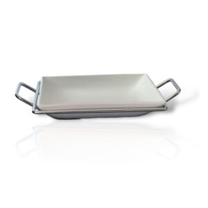 Bandeja Porcelana con Base Cromada Rectangular 20,7 cm.